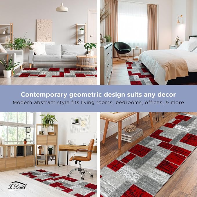 L'Baiet Verena Geometric Area Rug Red Grey 8' x 10' Large Area Rugs Carpet for Living Room, Bedroom, Dining Table, Office, Hallway, Foyer | Neutral Colorful Modern Abstract Home Decor