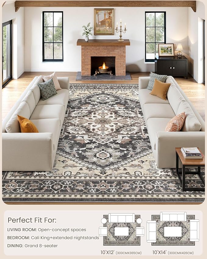 Washable Area Rug-10X14 Vintage Neutral Soft Black | Non Slip Thin Foldable Large Floor Carpet for Living Room Bedroom Kitchen Dining Room Home Office Farmhouse Indoor
