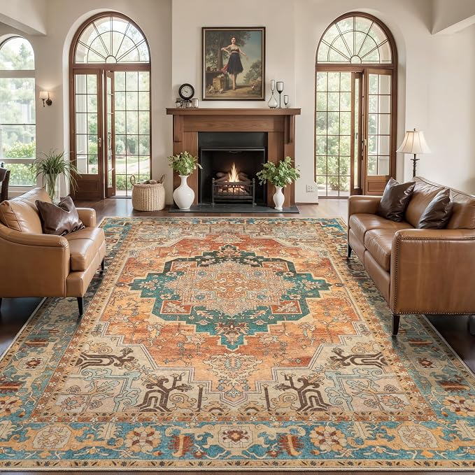 Tangsoo 6x9 Washable Area Rugs for Living Room, Vintage Indoor Non Slip Rug | Oriental Large Area Rugs, Boho Print Carpet, Farmhouse Soft Low Pile Floor 6x9 Rugs for Bedroom Dining Room Orange Decor