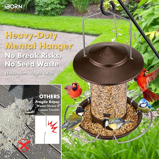 iBorn Bird Feeder Metal Squirrel Chew Proof Bird Feeders for Outdoors Hanging Outside for Cardinal, Holds 1.32LB Seed with 3 Perchs, Brushed Coffee (Seed is not Included)