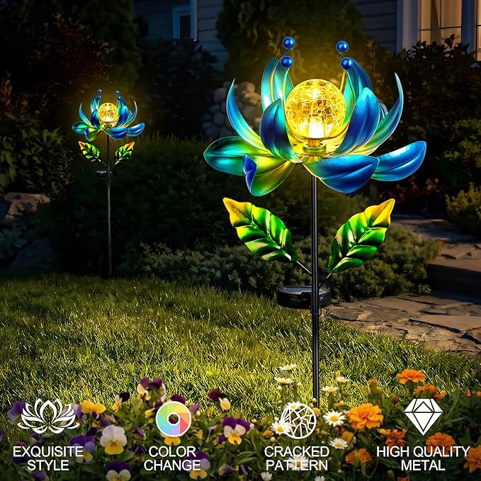 38-Inch Solar Wind Spinner Outdoor, Metal Kinetic Lotus Yard Art with Glass | Glowing Crackle Glass Light And Rotating Lotus Petals Create Eye-Catching Yard Art For Patios, Lawns And Garden Pathways