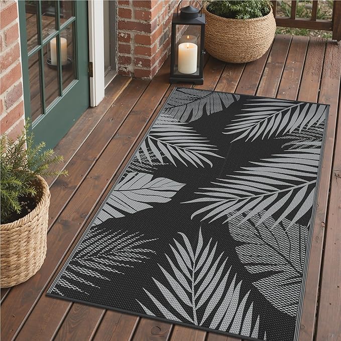 GENIMO Outdoor Rug 3' x 5' Waterproof for Patios Clearance, Reversible Outdoor Plastic Straw Camping Rug Carpet, Large Area Rugs Mats for RV, Camper, Deck, Balcony, Porch, Beach, Picnic, Black&Grey