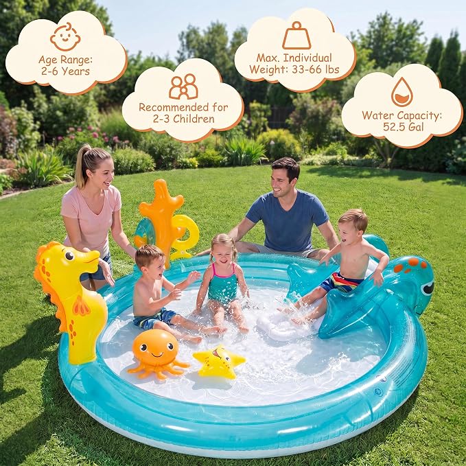 GLACER Kids Pool with Slide, Inflatable Play Center with Seahorse Sprinkler | 70" x 62" x 26.5" Water Splash Pad with Ring-toss Game, Heightened Guardrails, PVC toddler pool for Outdoor Backyard, Garden