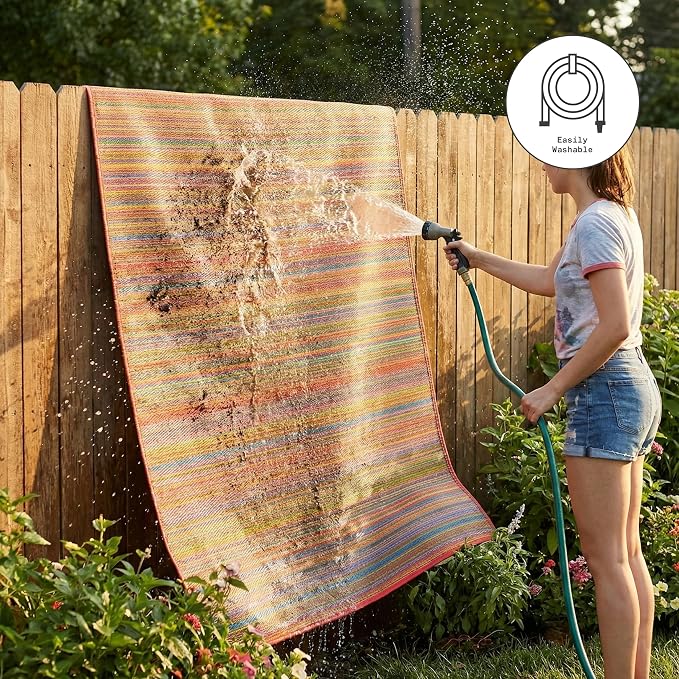 Fab Habitat Outdoor Rug - Waterproof, Fade Resistant, Crease-Free - Premium Recycled Plastic - Striped - Patio, Deck, Porch, Balcony, Laundry Room - Cancun - Multicolor - 4 x 6 ft