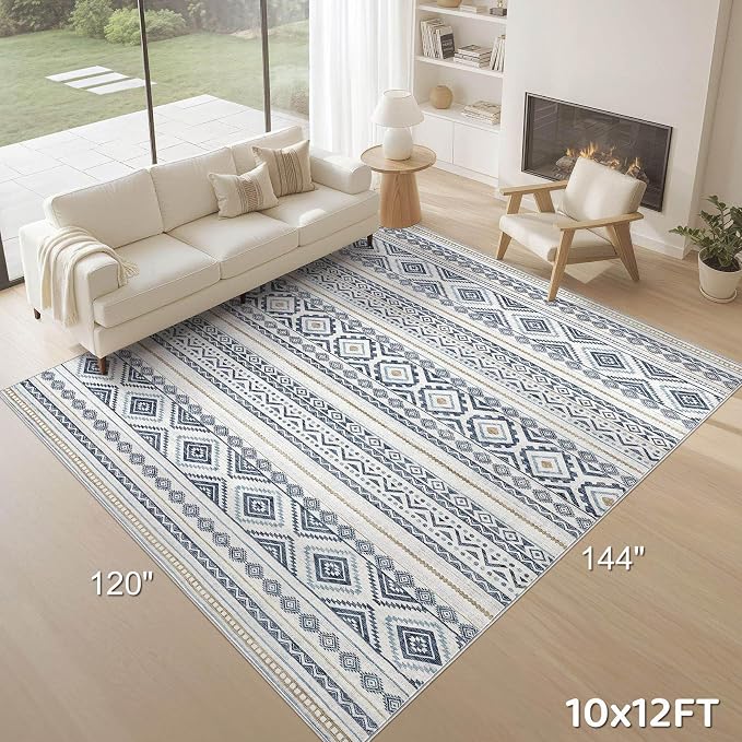 cotiled Boho 10x12 Area Rug for Living Room: Large Moroccan Washable Rug | Solve Modern Neutral Trendy Home Decor - Stain Resistan Carpet for Bedroom Farmhouse Blue