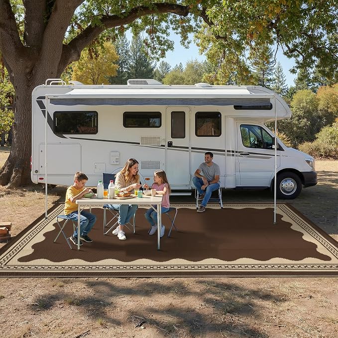 Garvee Outdoor Rug 5x8 Scalloped Waterproof Patio RV Outdoor Rugs Reversible Foldable Plastic Straw Rug Modern Camping Carpet for Deck Camper Porch Balcony Backyard Picnic Beach Brown