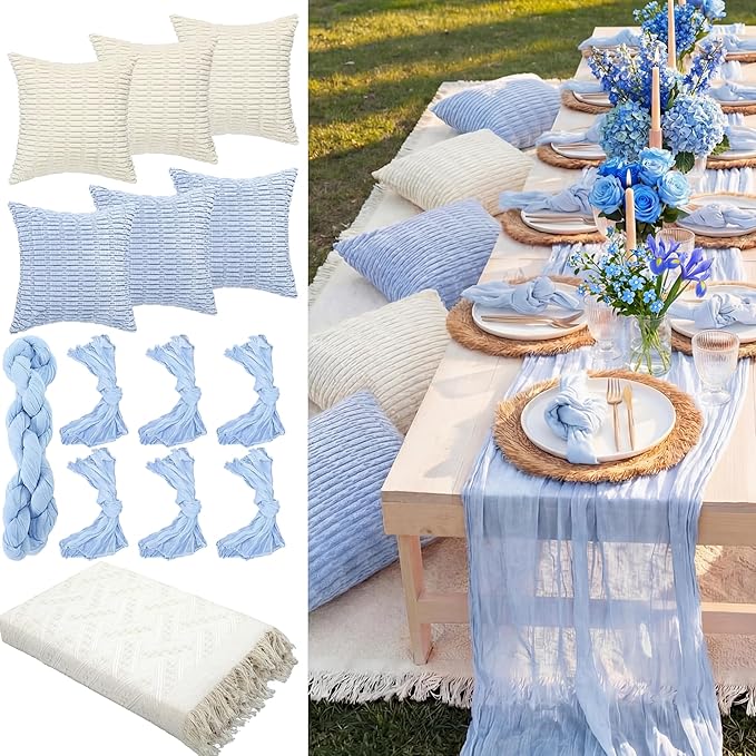 Beeveer 14 Pack Picnic Kit 91x71 Inch Extra Large Outdoor Boho Picnic Blanket with Light Blue Table Runner, 6 Throw Pillow Cover 6 Napkin Woven Cotton Yarn Washable Beach Blanket for Camp Wedding
