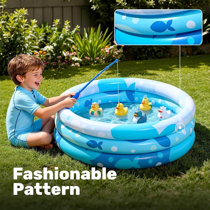 Sloosh Inflatable Kiddie Pool, 34"x10" Blow Up Kid Swimming Pool,3 Rings Blue Baby Pool for Toddler,Play Pit for Dog with Geometric Pattern for Summer Water Party Backyard Garden(Fish)