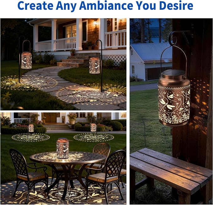 JEJOT Dragonfly Solar Lanterns Outdoor Waterproof, Mothers Day Gifts, Birthday Gifts for Women Mom Grandma,Metal Hanging Solar Lantern for Yard,Garden,Porch Landscape Deconrations-2 Pack
