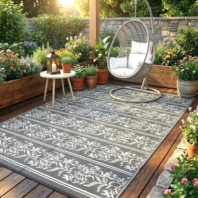 Garvee Outdoor Rugs 5x8 Waterproof Reversible Mat Boho Leaf Patio Rug with 4 Stakes and Starage Bag, Large Outdoor RV Mat Rugs for Camping, Picnic, Balcony, Deck, Backyard, Grey & White