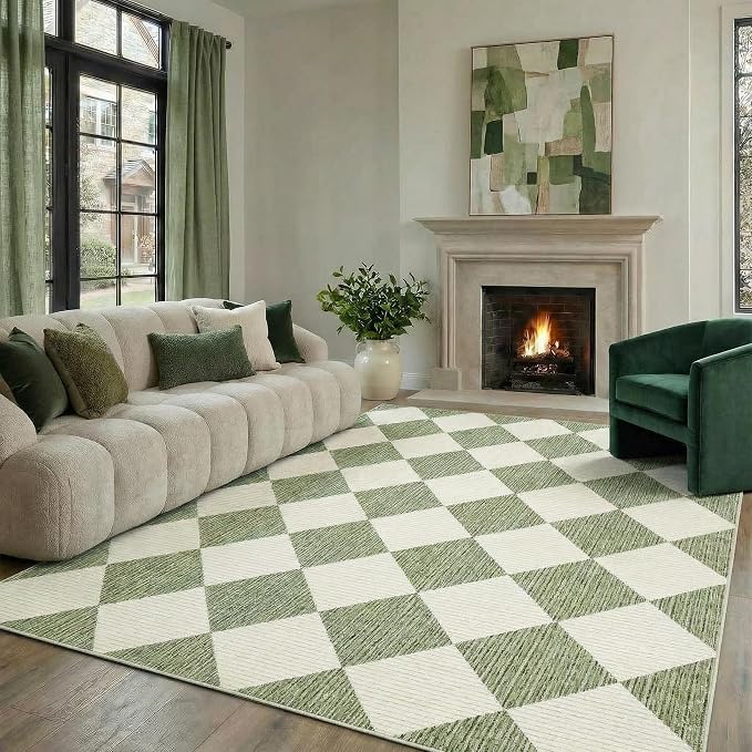 GarveeHome 5x7 Checkered Area Rug Sage Green Washable Living Room Rug | Modern Geometric Farmhouse Carpet Soft Low Pile Non Slip Diamond Floor Mat Plaid Print Throw Rug for Dining Room Playroom