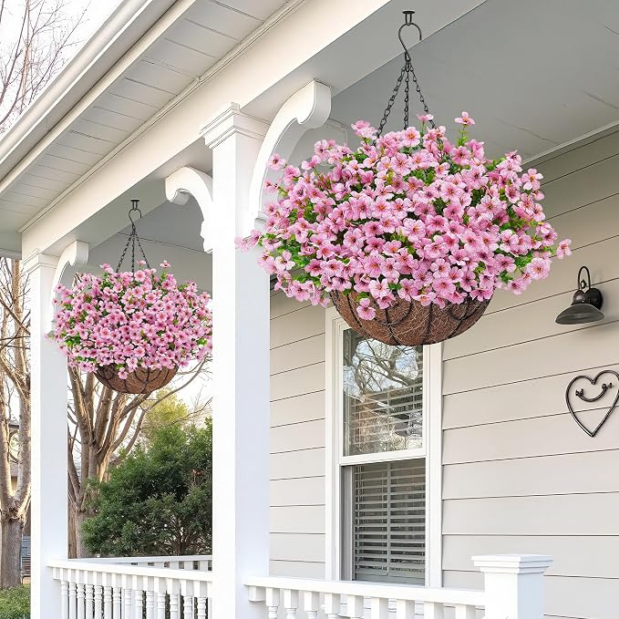 Artificial Fake Hanging Flowers Plants Basket for Outdoors Outside Spring Decoration,Hanging Planters with Faux Silk Flowers Realistic UV Resistant for Balcony Porch Patio Garden Fron Home Decor（Pink）