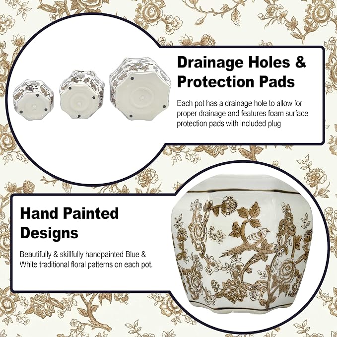 Galt International Brown & White Round Fluted Floral Porcelain Ceramic Plant Flower Planter Pot Set of 3 (7.5", 10", 13") Garden Pots Chinese Asian Design