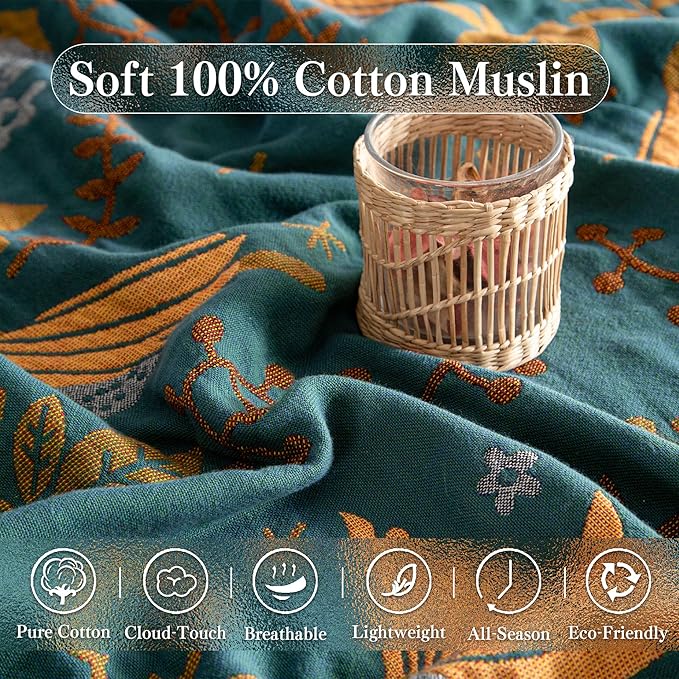 Phuryllic Boho Throw Blanket Throw Size, Soft Cozy Cotton Muslin Quilt Blanket for Bed Decor, Bird Patterned Couch Sofa Chair Cover, Vintage Farmhouse Cottage Tapestry Woven Blanket, Green&Beige