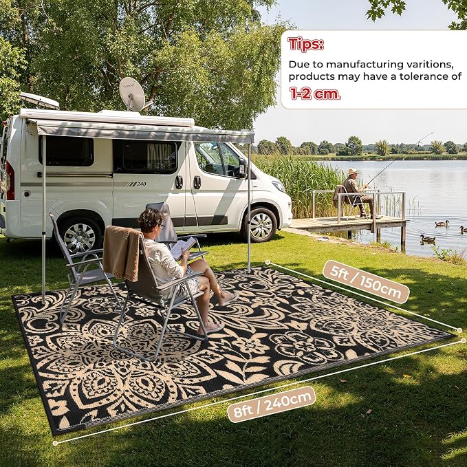 Findosom Waterproof Outdoor Rug 5' x 8' - Reversible Mandala Outdoor Plastic Straw Rug, Durable Foldable Patio Rug for RV, Deck, Balcony, Backyard, Picnic, Porch, Camping, Beach, Black