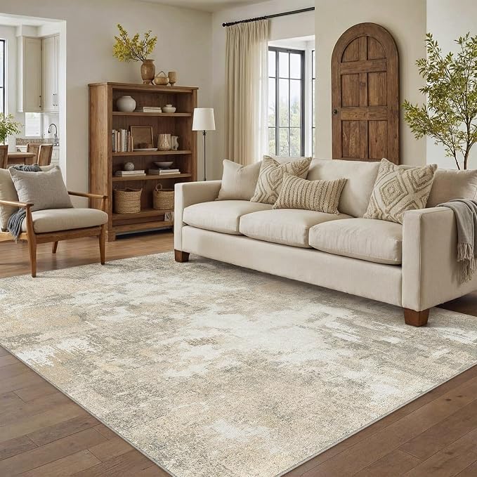6x9 Beige Grey Modern Abstract Washable Area Rug for Living Room | Low Pile, Non Slip, Modern Abstract Style, Soft Indoor Rug for Living Room, Bedroom, Dining Room, Office, Home Decor