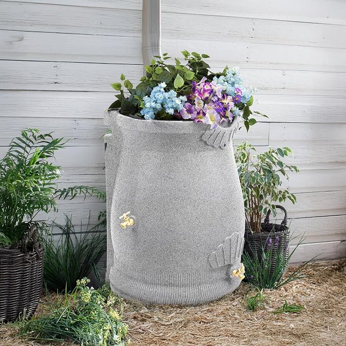 Good Ideas Rain Wizard 50 Gallon Rain Saver Barrel Water Storage Urn with Planter Space and 2 Brass Spigots, Light Granite (4 Pack)