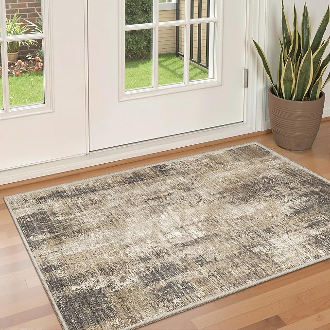 Valenrug 3x5 Rug Non Slip, Abstract Washable Entryway Rug for Bedroom Taupe | Soft & Lighweight, Folable, Stain Resistant Low Pile Thin Indoor Distressed Carpet Rugs for Living Room,Laundry Room,Kitchen