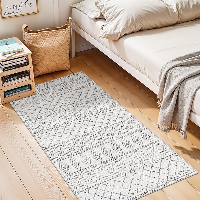 2x4 Runner Rug for Hallway: Washable Non Slip Moroccan Kitchen Rugs Grey | Soft Stain Resistant Easy Clean Entryway Bedroom Mat for Family with Pets