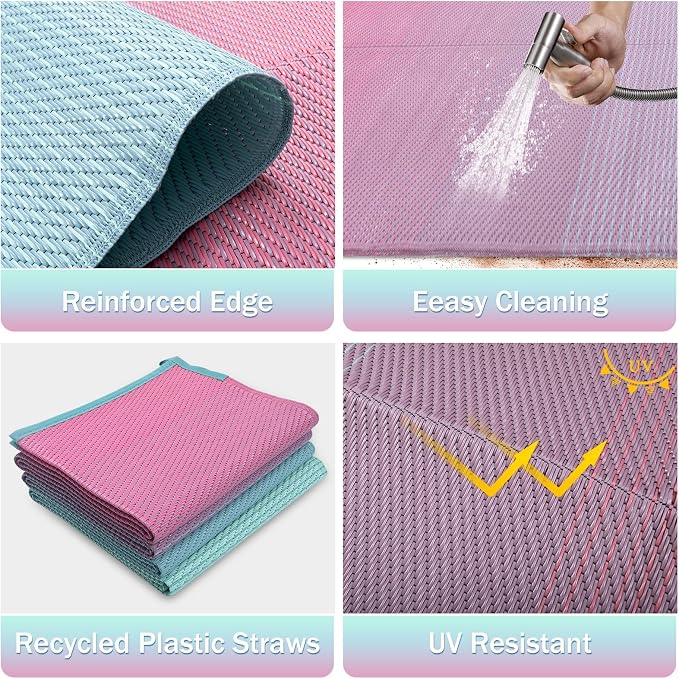 Lahome Large Outdoor Rugs 9x12 Waterproof, Modern Reversible Indoor Outdoor Patio Rug, Plastic Straw Portable Outside Camping Mats for Balcony Tent Floor Decor, Pink Green 9'x12'