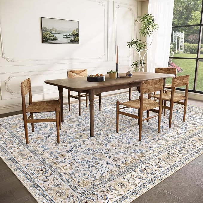 Area Rug 8x10 Washable Rug, Vintage Boho Medallion Rugs Non-Slip Soft Low Pile Large Distressed Rug Indoor Retro Carpet for Living Room Bedroom Dining Room Home Office (BeigeBlue, 8'x10')