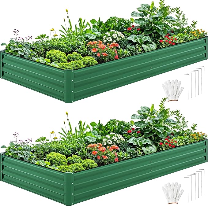 DWVO 2pcs 8 x 4 x 1 FT Raised Garden Bed Kit, Outdoor Galvanized Flower Bed with Safety Rubber and Gloves, Large Metal Planter Box for Vegetables, Flowers, Herbs, Fruits, Green