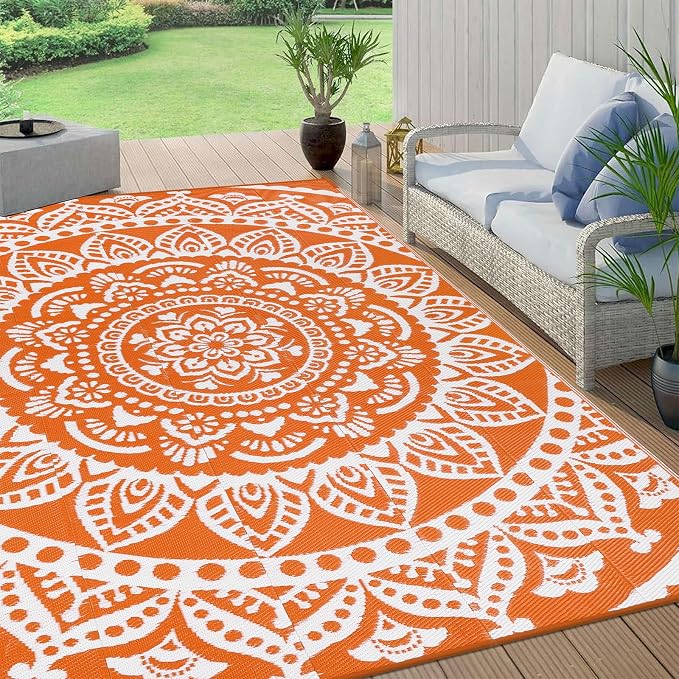 Bsmathom Waterproof Outdoor Rug 6'x9' Reversible Boho Plastic Straw Patio Deck Camping Rugs, Indoor Outdoor Portable RV Mat Clearance Carpet for Outside, Porch, Balcony, Backyard, Beach, Pool,Orange