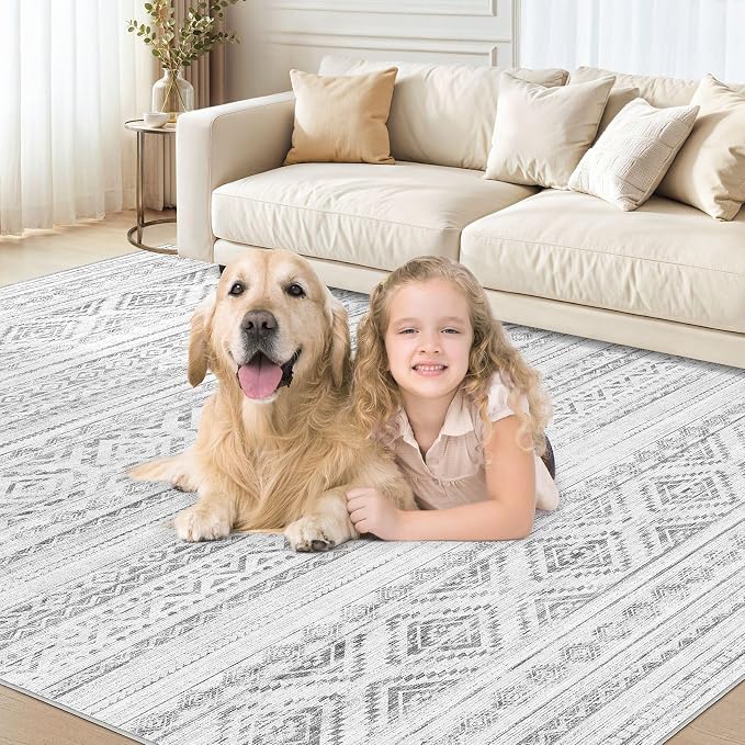 cotiled Boho 9x12 Area Rug for Living Room: Large Moroccan Washable Rug | Stain Resistan Carpet for Bedroom Farmhouse Dining Room Grey