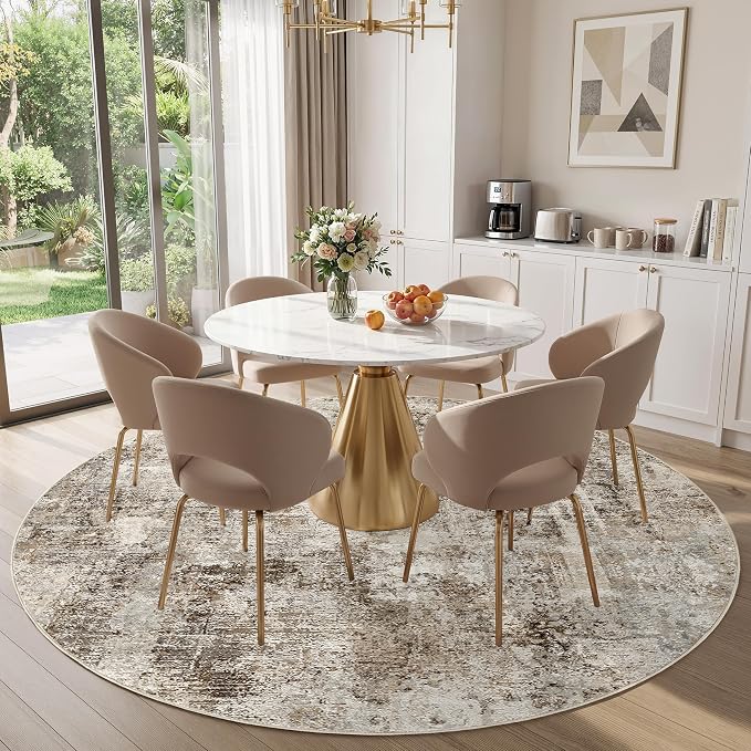 8Ft Round Area Rug Washable Abstract Rugs for Living Room Dark Brown | for Bedroom, Dining Room, Office, Nursery, Soft Neutral, Low Pile Non-Slip, Kid Pet Friendly, Large Indoor Carpet, Home Decor