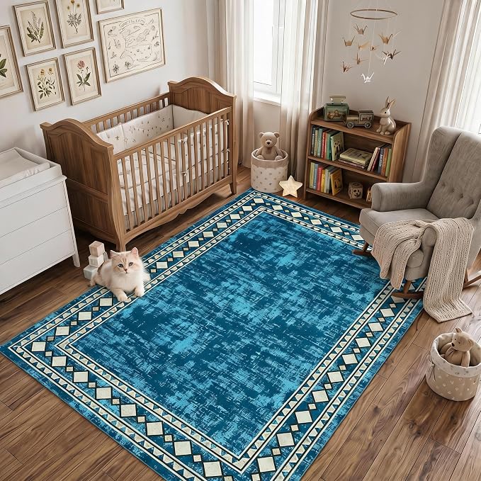 Garvee 5x7 Area Rugs Vintage Border Washable Rugs Living Room, Teal | Boho Area Rug Stain Resistant Easy Cleaning Throw Rugs Non Shedding Low Pile Floor Cover for Nursery Dining Room