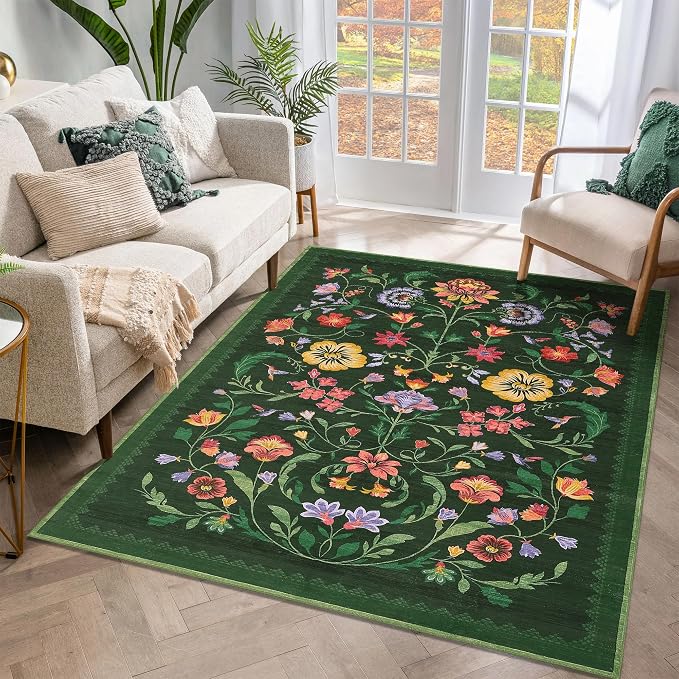 GarveeHome Washable Rug 4x6 Area Rugs for Living Room, Floral Rug for Bedroom, Soft Boho Non Slip Throw Rugs with Rubber Back, Low Pile Stain Resistant Vintage Floral Carpet for Dining Room, Green