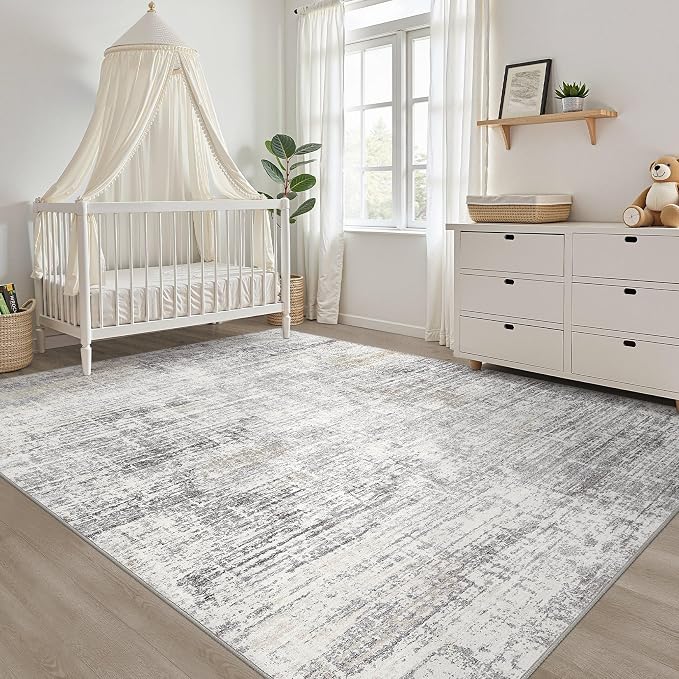LOONGRUG 8x10 Area Rugs Washable Neutral Modern Living Room Rug Gray Beige | Abstract Soft Stain Resistant Indoor Non-Slip Carpet for Bedroom Nursery Kids Office Playroom Dining Room