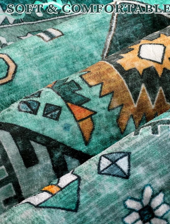 SERISSA 2'6"x16' Washable Non Slip Boho Runner Rug for Hallway，Teal | Ultra Soft Vintage Oriental Carpet Low-Pile Tribal Floor Carpet for Kitchen Bedroom Entryway Bathroom Laundry Room
