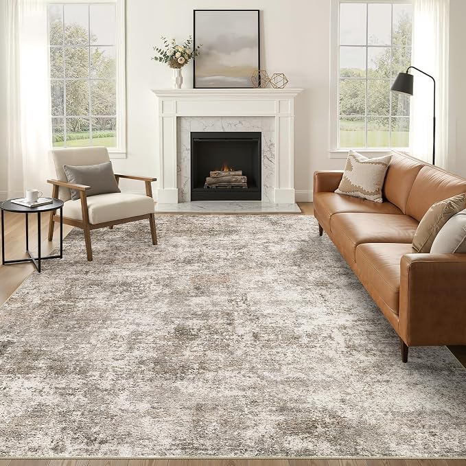 Nakagishi 10X14 Abstract Washable Area Rugs for Living Room-Brown | Modern Non-Slip Silicone Backing Low Pile Soft Carpet for Bedroom Dining Decor Ideal for Families with Kids and Pets