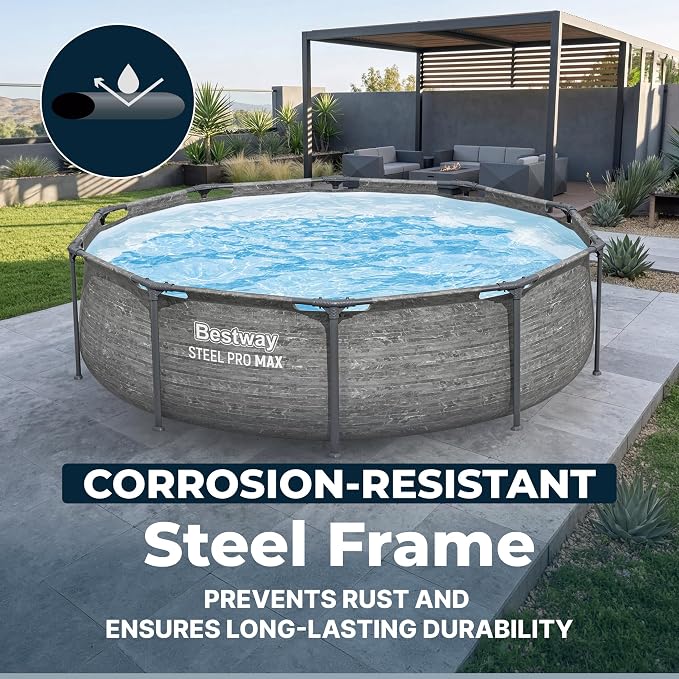 Bestway Steel Pro MAX 10' x 30" Above Ground Swimming Pool Set with Pump | Durable Round Metal Frame Outdoor Backyard Pool, Puncture-Resistant Liner - Filter Pump Included, Stacked Stone Print