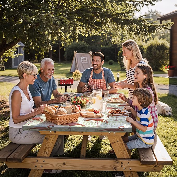 Fitted Waterproof Picnic Table Cover with Bench Covers Heavy Duty Elastic Outdoor Camping Tablecloth for 8 Foot Rectangle Tables Summer Rv Accessories Patio Garden Road Trip Essentials Gifts