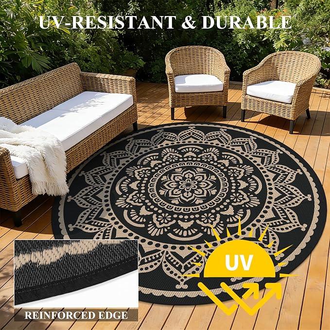 Bsmathom Waterproof Outdoor Rug, 8ft Round, Black | Reversible, Boho Plastic Straw, Portable RV Mat, For Patio, Deck, Camping, Porch, Balcony, Backyard, Beach, Pool