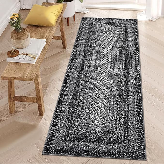 RUGSREAL Braided Print Runner Rug 2x8 Machine Washable Hallway Runner Rugs | Entryway Long Throw Carpet Non Slip Kitchen Mat Living Room Rustic Carpet for Bedroom Dining Room, Black