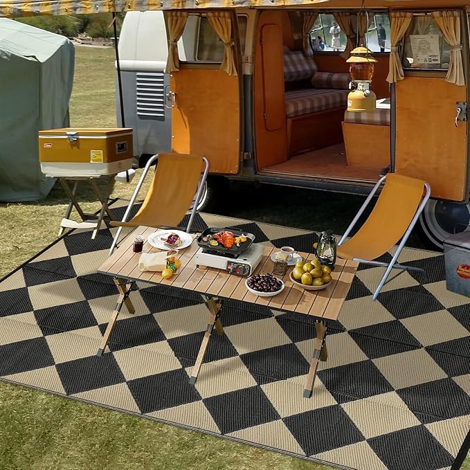 Garvee Outdoor Rug 9x18 Outdoor Patio Rug Reversible Plastic Straw Rugs Waterproof Foldable Mat Easy Clean Lightweight Carpet for Backyard Camping Porch RV Beach Balcony Deck Picnic Checkered Beige