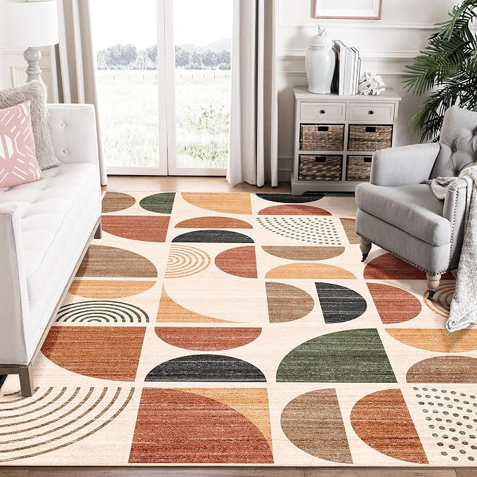 Washable Area Rug 6x9,Boho Rugs Non Slip Modern Abstract Large | Throw Carpet for Living Room Bedroom Dining Room Soft Low Pile Floor Indoor Bohemian Terracotta