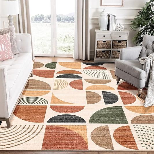 Washable Area Rug 6x9,Boho Rugs Non Slip Modern Abstract Large | Throw Carpet for Living Room Bedroom Dining Room Soft Low Pile Floor Indoor Bohemian Terracotta
