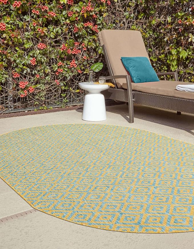 Unique Loom Jill Zarin Jill Zarin Outdoor Collection Area Rug - Costa Rica (5' 3" x 8' Oval, Yellow and Aqua/Light Blue)