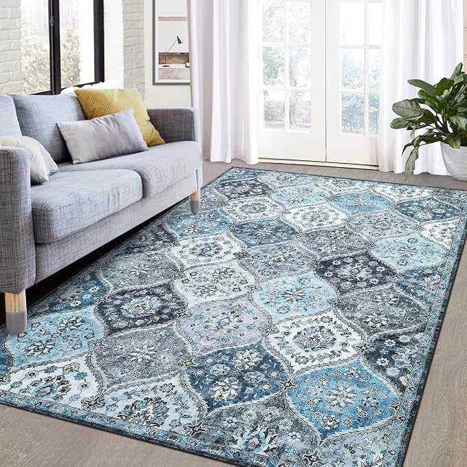 ROYHOME Area Rug 5x7 Moroccan Trellis Machine Washable Rug, Blue/Grey | Vintage Medallion Distressed Carpet Stain Resistant Non-Slip Accent Rug Farmhouse Floor Cover Dining Bedroom Decor