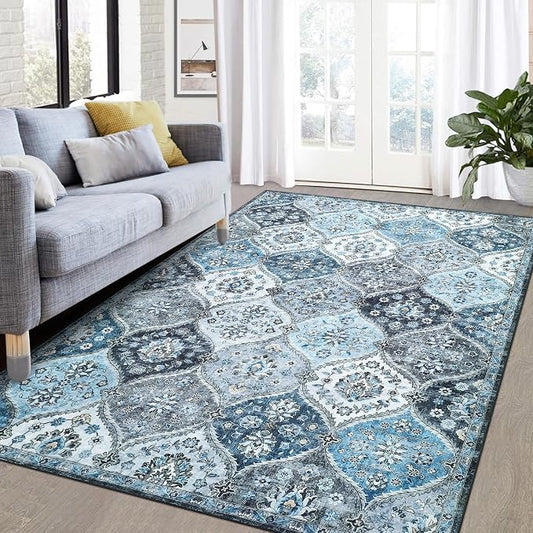 ROYHOME Area Rug 5x7 Moroccan Trellis Machine Washable Rug, Blue/Grey | Vintage Medallion Distressed Carpet Stain Resistant Non-Slip Accent Rug Farmhouse Floor Cover Dining Bedroom Decor