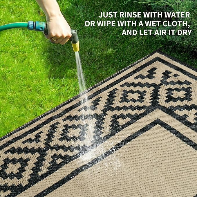 Outdoor Patio Plastic Straw Rug - 8x10 ft Outdoor Camping Rug Waterproof Reversible, Area Carpet Patios RV, Outside Porch Balcony Deck for Camper, Stripe Black Brown