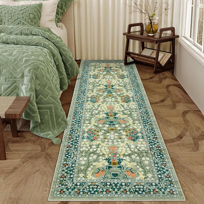 GarveeHome Floral Hallway Runner Rug, 2.5x8 Kitchen Runner Rugs, Washable Non Slip Entryway Rugs Indoor, Ultra-Thin Stain Resistant Carpet Floor Mat for Laundry Room, Sage Green