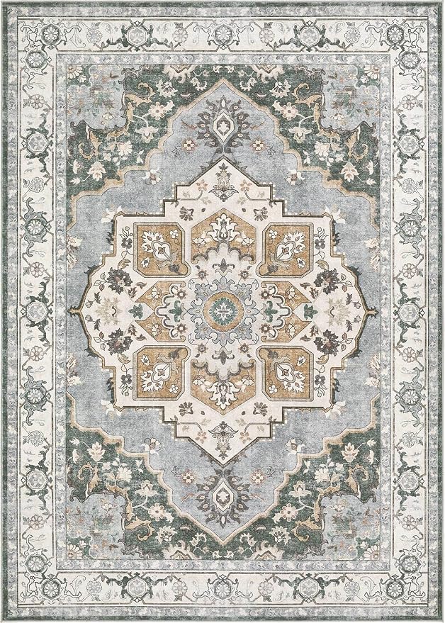 10x14 Washable Area Rug: Vintage Neutral Soft Non Slip Thin Large Floor Carpet for Living Room Bedroom Kitchen Dining Room Home Office Farmhouse Indoor - Green
