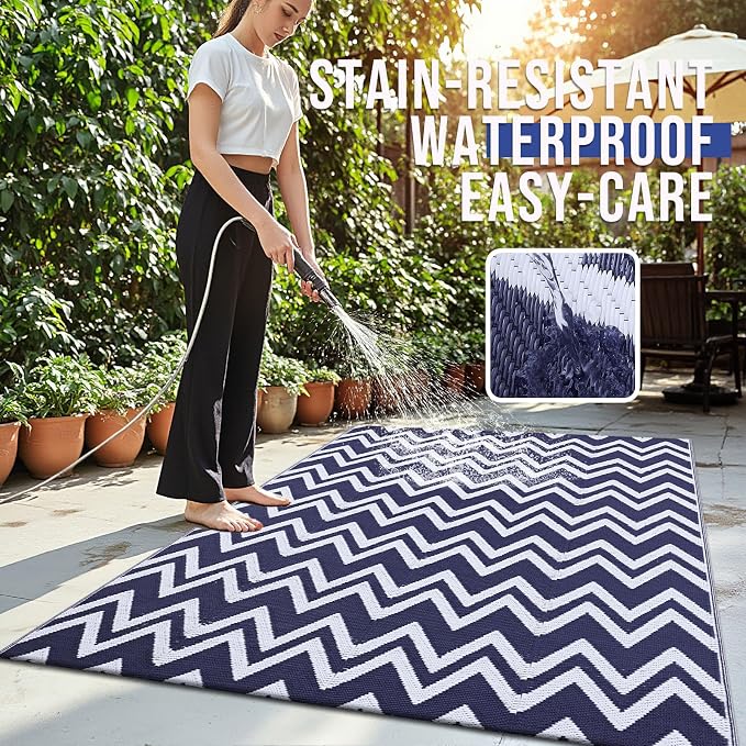 OLANLY Waterproof Outdoor Rug 5x8 ft Clearance, Reversible Outdoor Plastic Straw Rug, RV Mat, Indoor Outdoor Carpet for Patio, Camping, Balcony, Deck, Backyard, Navy & White