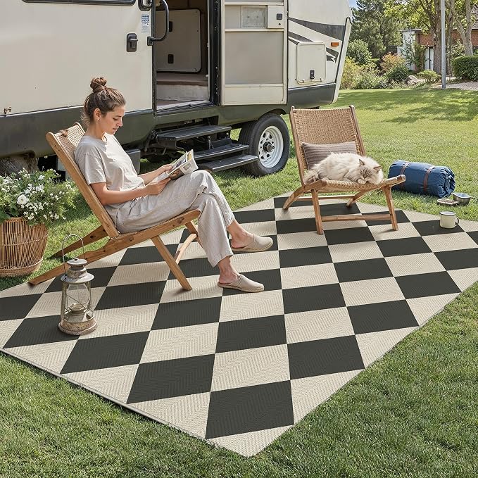 PureCozy 4x6 Checkered Chevron Pattern Area Rug for Living Room Checkerboard Washable Indoor Outdoor Carpet Farmhouse Patio Office Mat Geometric Non Slip Black Carpet for Dorm Backyard Dining Room