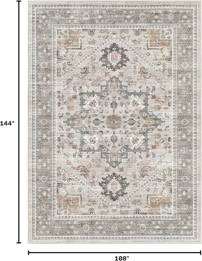 Washable Area Rug-9X12 Vintage Neutral Soft Taupe | Non Slip Thin Foldable Large Floor Carpet for Living Room Bedroom Kitchen Dining Room Home Office Farmhouse Indoor